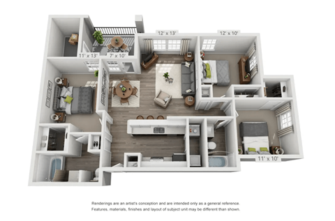 Floor plan for 3 beds, 2 baths, 1141 sqft